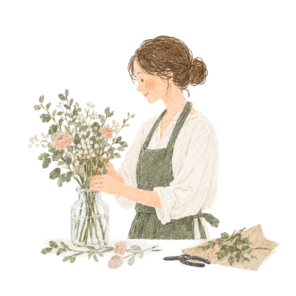 花をアレンジする女性起業家のイラスト