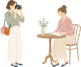 カメラを構える人と、テーブルでメモを取る人のイラスト